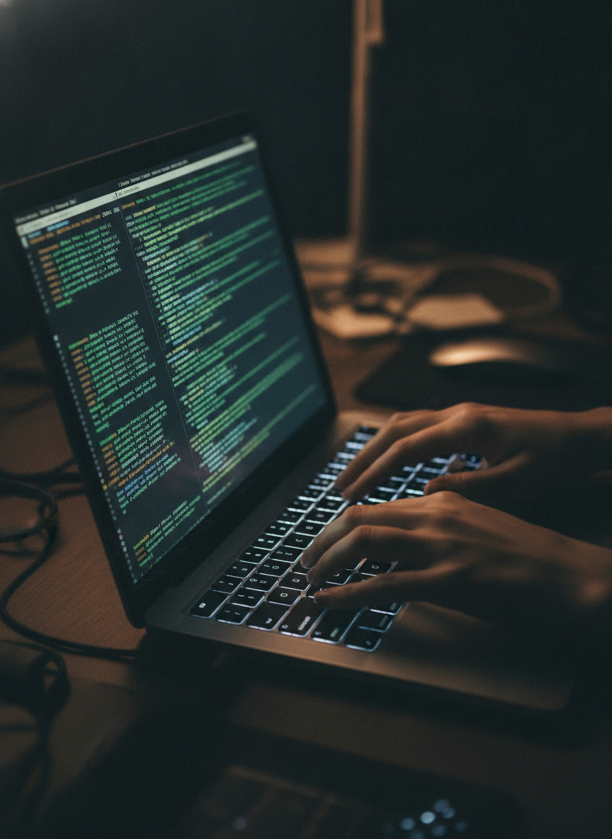 Mains sur un clavier MacBook avec terminal de diagnostic à l'écran